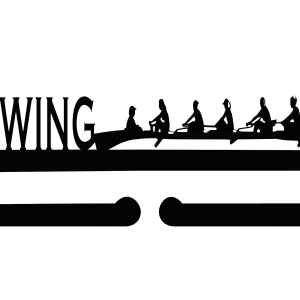 Silhouette of a rowing team in a long, narrow boat with six rowers and a coxswain, cut from steel. The word 'ROWING' is incorporated into the design with crossed oars on the left. The piece has a sleek, modern shape, suitable for wall mounting. Dimensions are 36 inches wide by 10.5 inches high.